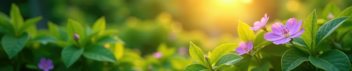 soft golden light highlights the delicate purple blooms amidst lush green foliage, glowing, leafy greens, nature
