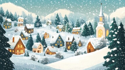 Fototapeta premium Cozy winter village covered in snow with a church