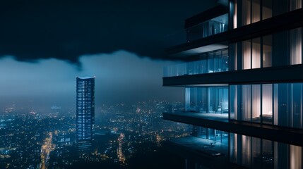 Fototapeta premium Modern skyscraper with illuminated windows overlooking a sprawling cityscape at night, with low clouds adding a touch of mystery and drama to the urban landscape