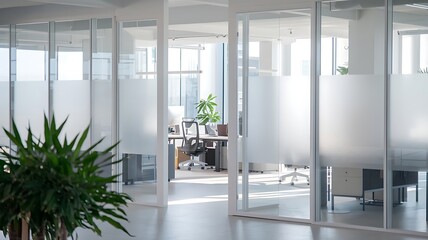 Fototapeta premium Modern office space with frosted glass walls and partitioned meeting rooms, creating a sleek and professional environment.