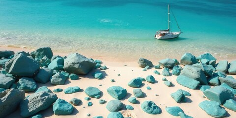 Turquoise sea rocks scattered on the sandy beach with a sailboat gently rocking in the calm turquoise water, serene atmosphere, island getaway, turquoise sea