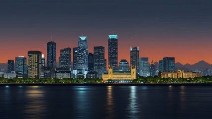 Fototapeta premium Vector illustration of the Yokohama skyline featuring famous landmarks, perfect for travel, business, and tourism design.