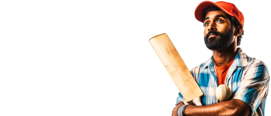 regular indian man in hat holding a bat and ball, dreaming about being a cricket best player or winning sports bet isolated over transparent (white) background