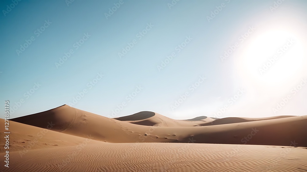 Wall mural a minimalist illustration of a desert landscape under a clear blue sky with a bright sun and undulat