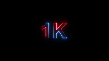 Glowing neon line 1k Ultra HD icon isolated on black background. 4K Video motion 1K followers. animation in Easy to put into any video. Neon-colored 1K video regulation concept