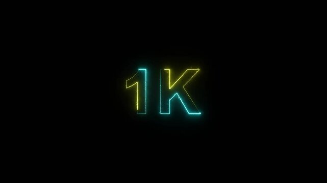 Glowing neon line 1k Ultra HD icon isolated on black background. 4K Video motion 1K followers. animation in Easy to put into any video. Neon-colored 1K video regulation concept
