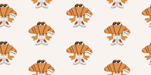Seamless pattern with croissants in groovy style. Many croissant characters with arms, legs, and eyes. Crispy croissant. Sweets and pastries. A modern and vibrant pastry pattern for design. Vector