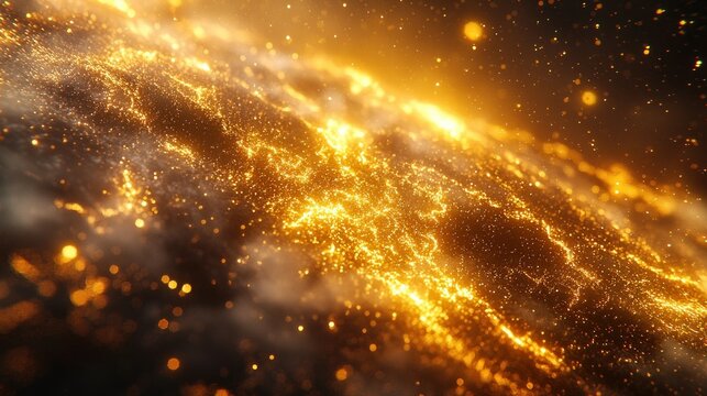 Golden, glowing earth-like planet, cosmic energy, nebula background. Possible use space, science fiction, digital art
