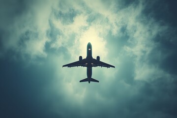 Fototapeta premium Soaring Silhouette: The underside view of a passenger aircraft gracefully traversing a dramatic, cloudy sky, capturing the spirit of adventure and the marvel of flight.