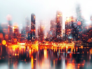 Fototapeta premium Dynamic cityscape at dusk urban skyline reflective water aesthetic view modern technology