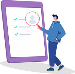 Illustration of a Person Analyzing a Checklist on a Large Tablet with a Magnifying Glass, Representing Productivity and Data Analysis