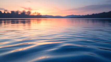 Fototapeta premium Serene water ripple with soft sunset reflection, creating a calming, tranquil atmosphere. Perfect for nature, relaxation, and meditation themes.