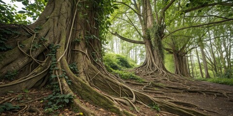 Vines and roots intertwined with ancient tree trunks, vine patterns, wood grain, texture variety, forest floor, forest growth