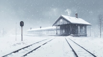 Fototapeta premium Snowy train station platform with covered tracks and signal
