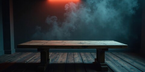 Rustic Wooden Table in a Smoky, Dimly Lit Room with an Orange Glow