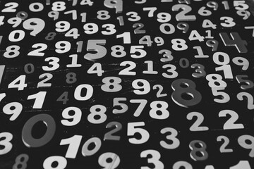 Abstract Mathematical Numbers on a black and white Background. Finance and Data Concept. Futuristic...
