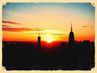 Naklejka premium Vintage-style poster with a distorted cityscape at sunset, vintage style, gritty atmosphere