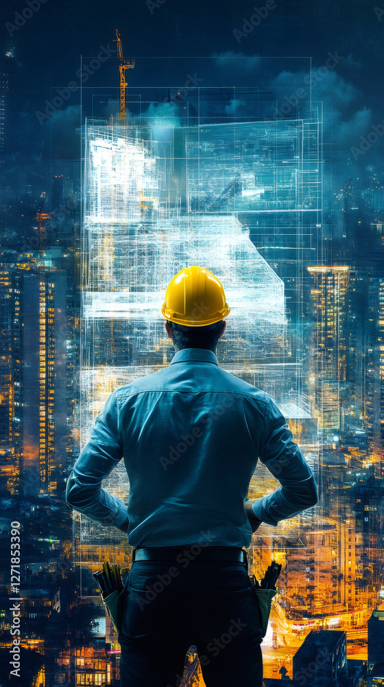 Poster Architect wearing safety helmet visualizing futuristic building using augmented reality over nighttime urban landscape