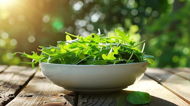 white bowl of arugula on a wooden background