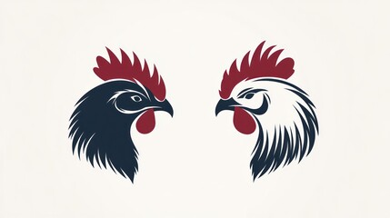 Fototapeta premium Rooster heads, contrasting black & white, farm, logo design, illustration, graphic
