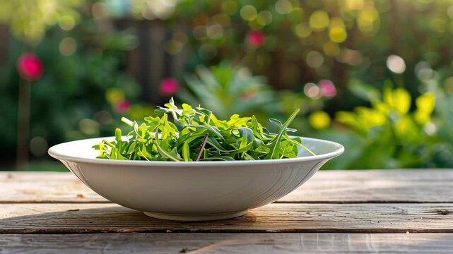white bowl of arugula on a wooden background