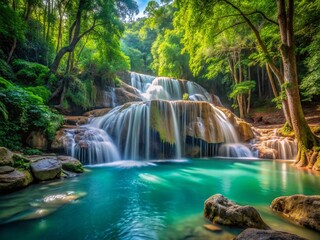 Erawan Falls Kanchanaburi Thailand: Idyllic Waterfall Stream in Lush Jungle