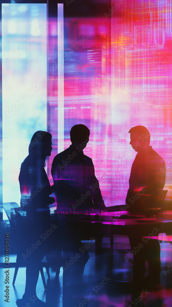 Aufkleber Silhouettes of business people working together using computer in office at night with overlayed computer code