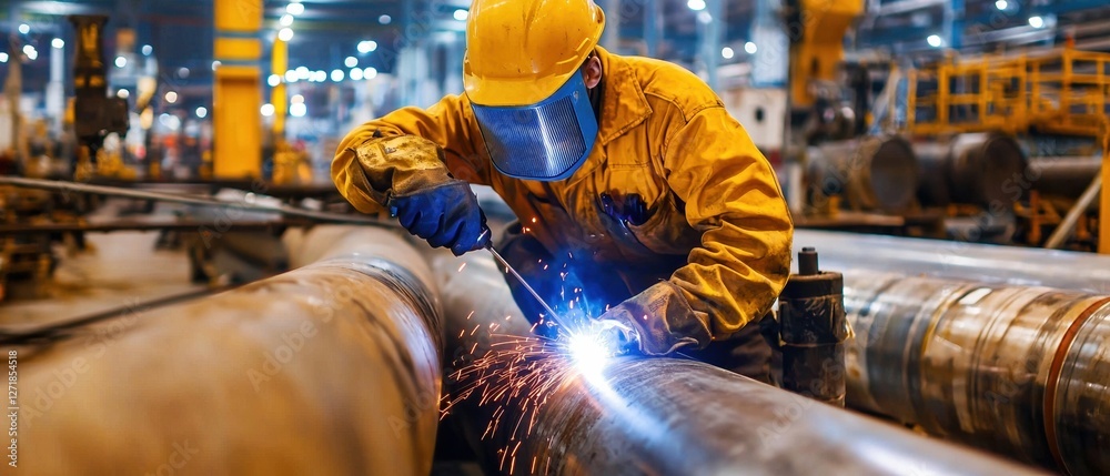 Poster a man in a yellow jacket is working on a pipe with a welding torch