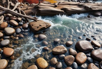 Water waves on a rocky abstract fall background with pebbles and driftwood, water waves, rugged terrain