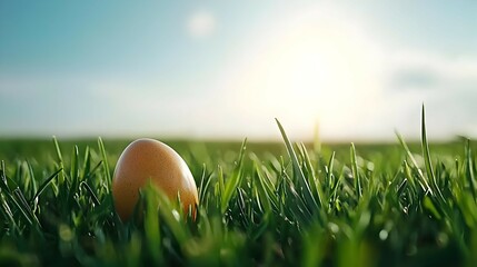 Speckled Egg in Dewy Green Grass at Sunrise
