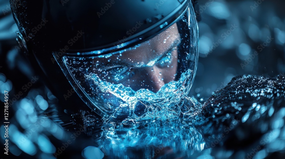 Poster a man is in a pool of water and is looking at the camera