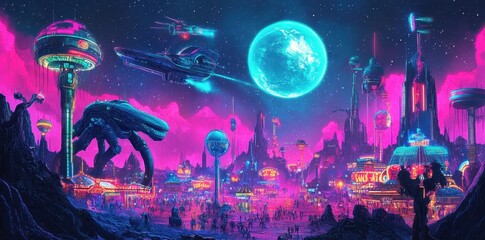 Vibrant alien cityscape filled with futuristic buildings and spacecraft