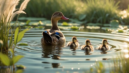 Mother duck and her ducklings swim peacefully in a tranquil pond at sunrise