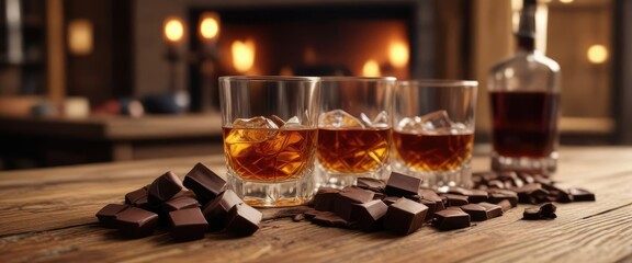 Whiskey and chocolate on a wooden table in a warm, cozy atmosphere , ambiance, wood