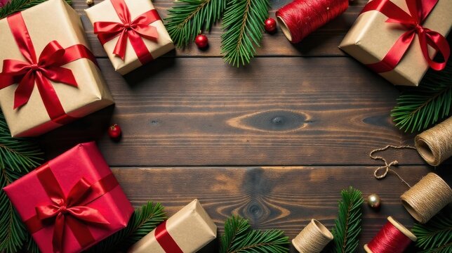 Festive Holiday Presents Wrapped in Red and Brown Ribbons on Wooden Surface