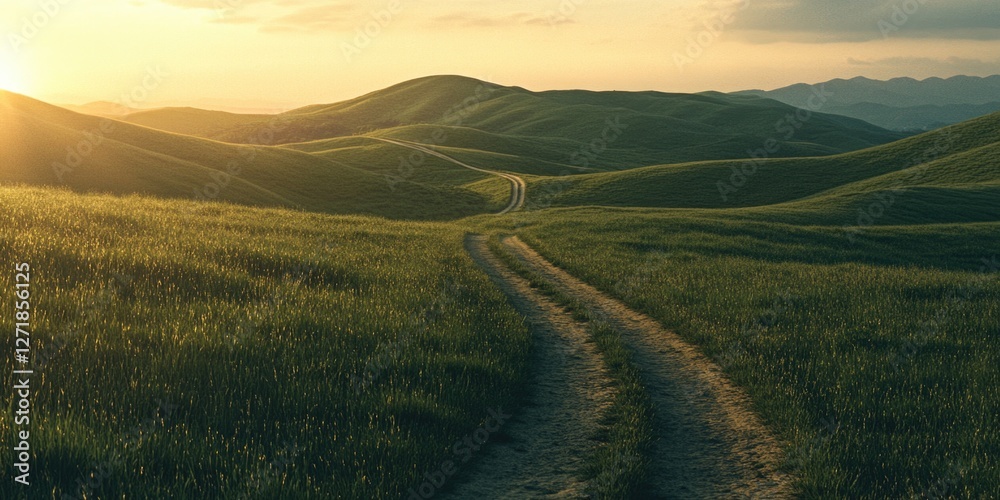 Wall mural Dirt Road in Grassy Field with Mountains