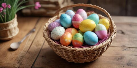 Colorful Easter eggs in a woven basket on a wooden table , rustic decor, woven basket