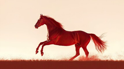 Red horse in backlit silhouette, trotting freely. -