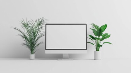 White Computer Monitor with Potted Plants on White Desk
