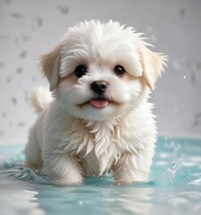 White Shihpoo puppy taking a bath with water splashing, clean pet, splashy fun