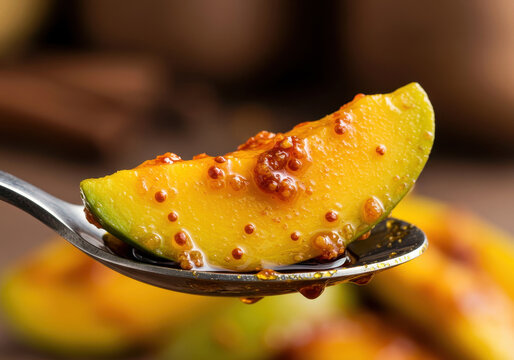 Tangy mango pickle slice on spoon - authentic indian culinary delight