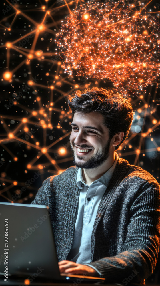 Poster Professional working late, analyzing digital AI data visualization on laptop screen, highlighting innovative technology concept