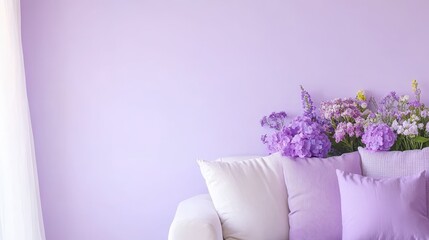 Serene Interior with Floral Arrangement: A cozy, brightly-lit space with a sofa adorned with pillows and a beautiful arrangement of lilac flowers. Embracing simplicity and elegance. 
