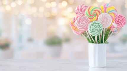 Whimsical Lollipop Bouquet: A delightful bouquet of colorful spiral lollipops, arranged artfully in a charming vase, adding a touch of playful sweetness to any occasion.