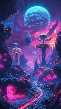 Futuristic cityscape on an alien planet with a large moon