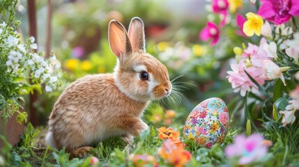 A rabbit is standing in a field of flowers and grass, looking at an egg