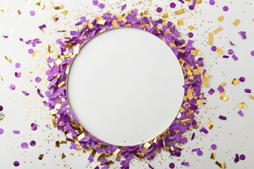 Dazzling purple and gold confetti bursting out of a circular frame, circular frame, joyful atmosphere, purple gold confetti, burst of confetti