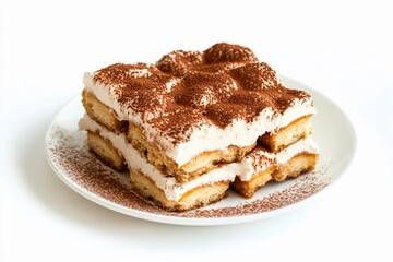 Delicious layers of creamy tiramisu served on a pristine white plate