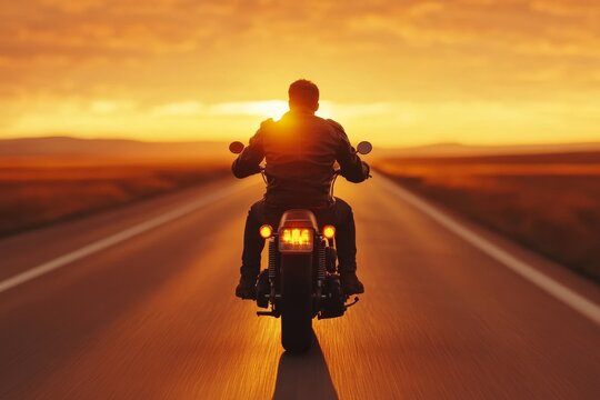 A man in a leather jacket rides along a deserted highway on a classic motorcycle, warm sunset light.