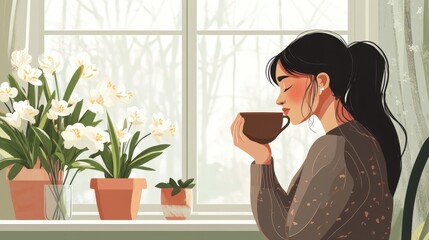 A woman is drinking coffee in a window with a potted plant in the background